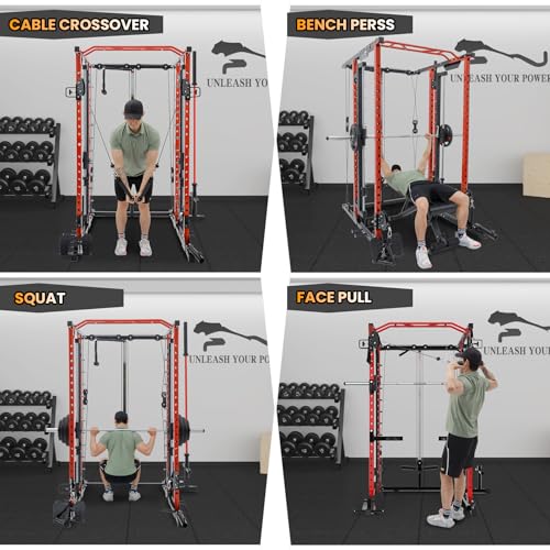 STMHOM Power Cage with Smithbar, 2000 Lbs Power Rack, Cable Crossover System, Black/Smithbar Red