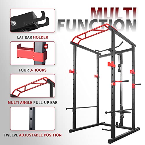 IFAST Power Cage 1000-Pound Capacity Olympic Squat Cage Power Rack with LAT Pull-Down Attachment, Red