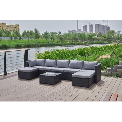 Pemberly Row Gray Wicker/Rattan Sectional with Storage Ottoman Grey