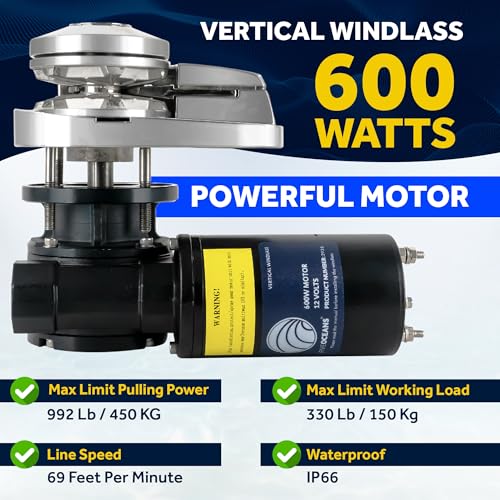 Five Oceans Vertical Windlass Kit 600 Watt 12V DC Silver/Black