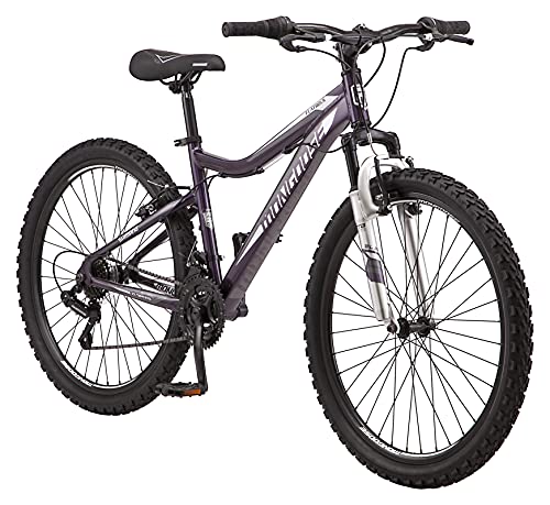 Mongoose Flatrock Womens Hardtail Mountain Bike 26-Inch Wheels 21 Speed Twist Shifters 16-Inch Lightweight Aluminum Frame Purple