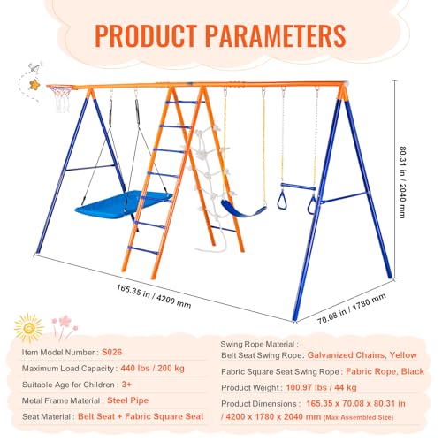 VEVOR 6-in-1 Swing Set with Swings, Trapeze, Ladder, Net & Hoop Blue/Orange