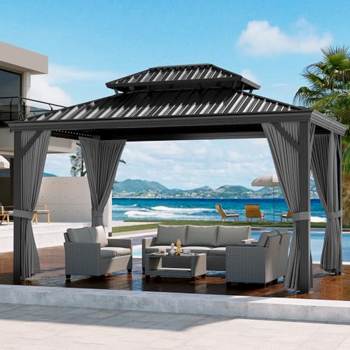 GAOMON 12x14ft Hardtop Gazebo Heavy Duty Double Roof Outdoor Garden Gray