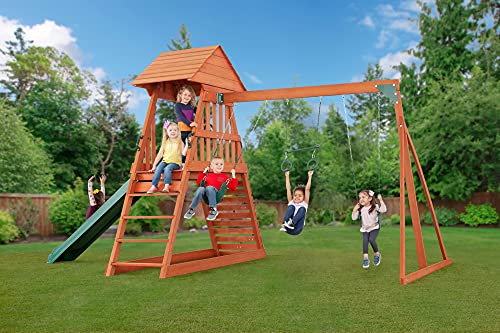 CREATIVE CEDAR DESIGNS Cedar Chalet Wooden Backyard Playset with Swings & Slide