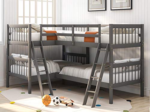 P PURLOVE L-Shaped Twin Over Twin Bunk Bed Wood Frame Grey