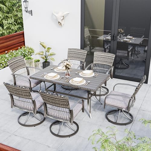 Pamapic 7 Piece Patio Dining Set for 6 with Swivel Rocker Chairs and Iron Slats Table Top Grey