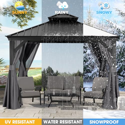 ABCCANOPY Hardtop Gazebo 10x10 Outdoor Metal Pavilion with Netting and Curtain Gray