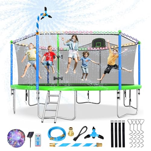 Lyromix Teal Blue Outdoor Trampoline with Basketball Hoop & Sprinkler - 16FT/15FT/14FT
