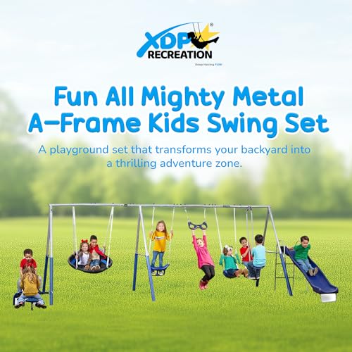 XDP RECREATION Metal A-Frame Kids Swing Set 10-Child Capacity with Slide & 5 Swing Types Silver/Blue
