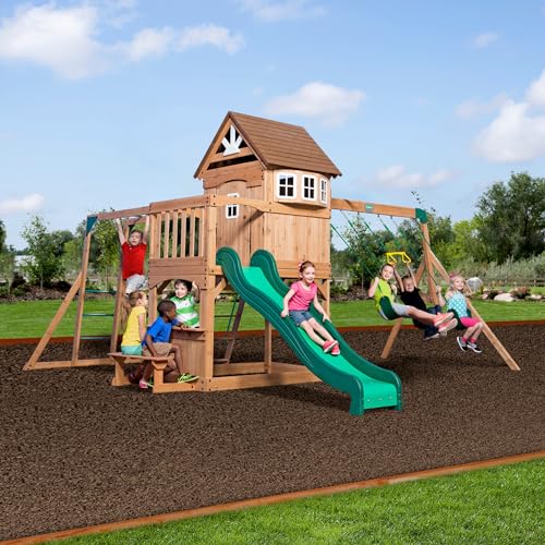 Backyard Discovery Montpelier Cedar Wood Playset Swing Set Light Brown
