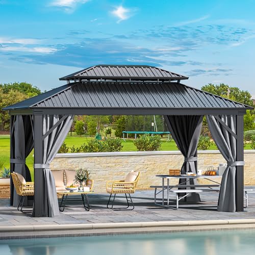 YITAHOME 12x16ft Hardtop Gazebo with Nettings and Curtains Gray