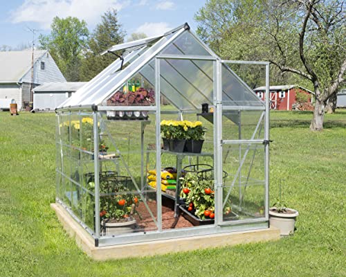 Palram Canopia 6x8 Greenhouse Walk-In UV Polycarbonate Heavy Duty Aluminum Lockable Door Adjustable Roof Vent Silver with Plant Hangers