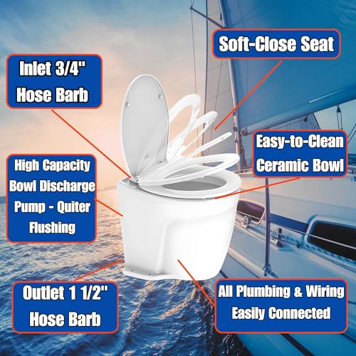 SEAFLO 12V Deluxe Flush Fresh Water Electric Marine Toilet White