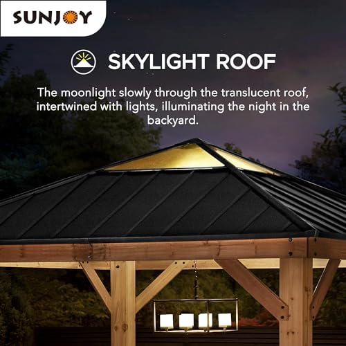 Sunjoy Hardtop Gazebo 11x11 ft Cedar Frame Black Steel Polycarbonate Roof Black + Natural Wood