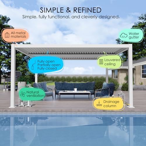Kozyard Outdoor Louvered Pergola Aluminum Rainproof Gazebo with Adjustable Roof White