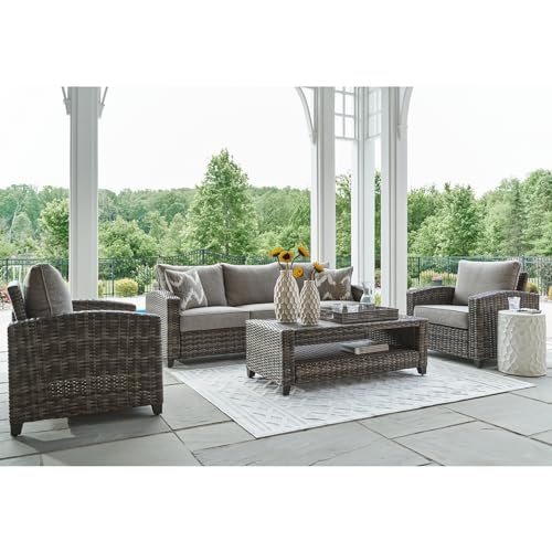 Signature Design by Ashley Oasis Court Outdoor Sofa Chair Table Set 4-Piece with Cushions and Pillows Grey