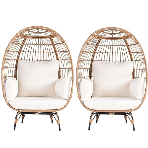 OTSUN Egg Chair Set of 2 Oversized Wicker Basket Lounger with 4 Cushions 440lb Capacity Ivory