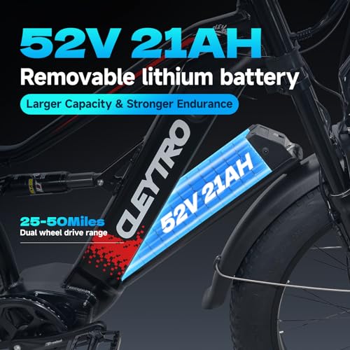 Cleytro Adult Electric Bike 1500W Dual Motor 52V21Ah Battery 37MPH 50Miles Range 26 Inch Fat Tire Beach Mountain Electric Bike Hydraulic Disc Brakes Full Suspension ES7PRO 1500W 37MPH Black
