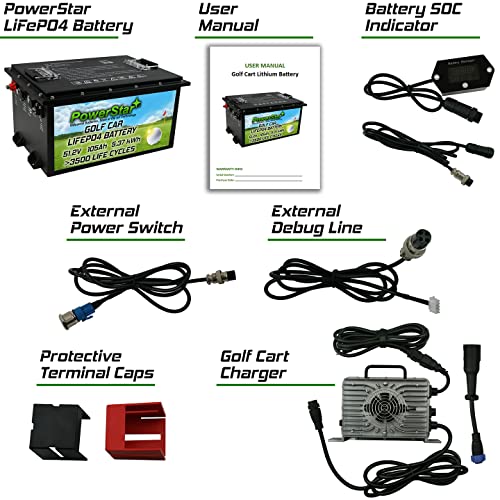 PowerStar Lithium LiFePO4 51V 105Ah Golf Cart Replacement Battery Kit Black
