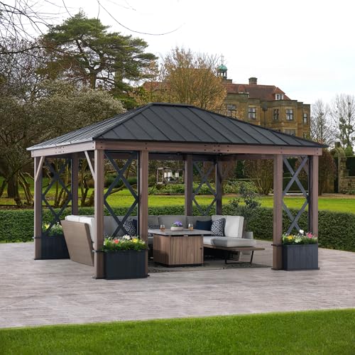 SummerCove Hardtop Gazebo 13ft x 15ft Black Steel Roof with Planters and Ceiling Hook