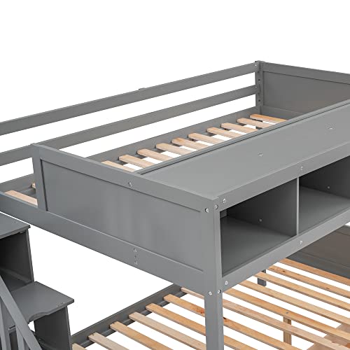 BOVZA Twin Over Full Bunk Bed with Storage Shelves, Drawers & Staircase Grey