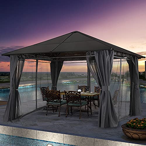 ABCCANOPY Hardtop Patio Gazebo with Curtains and Netting Dark Gray
