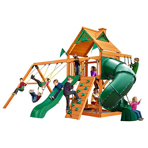 Gorilla Playsets Mountaineer Wooden Swing Set with Slides & Wood Roof Brown