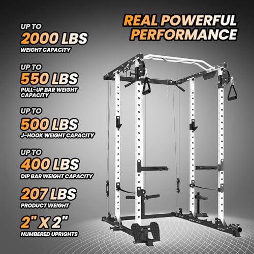 TROPOW 2000lbs Multi-Function Power Cage with J-Hooks and Dip Handles, Black/White