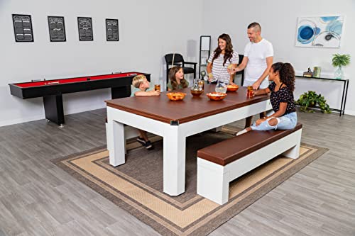 Hathaway Newport 7-ft Pool Table Tennis Combination with Dining Top, Two STO Newport II 7-ft Pool Table Combo Set with Benches - White with Camel Felt - Walnut