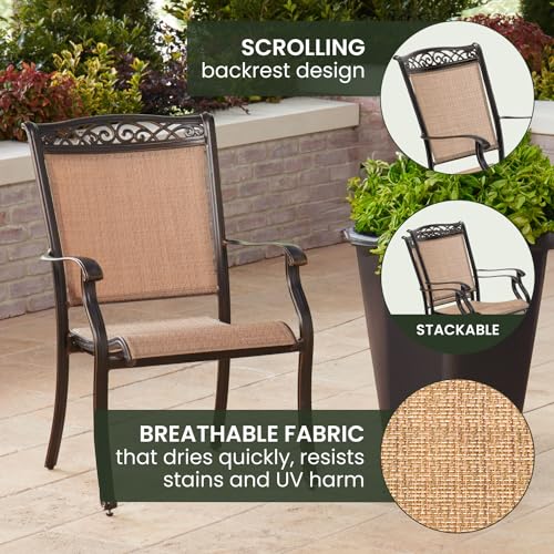 Hanover Fontana 9-Piece Outdoor Patio Dining Set with 60'' Cast-Top Table and 8 Sling Swivel Rocker Chairs Tan