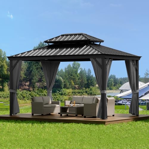 GAOMON 12x14ft Hardtop Gazebo Heavy Duty Double Roof Outdoor Garden Gray