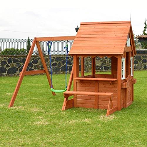 Sportspower Wooden Outdoor Playhouse with Swing & Picnic Bench Brown