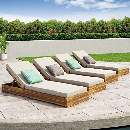 Christopher Knight Home Abraham Outdoor Acacia Wood Chaise Lounge Set of 4 Teak Finish + Cream