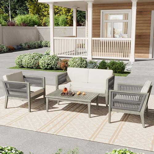 Christopher Knight Home 4-Piece Outdoor Acacia Wood Patio Set Grey+Beige