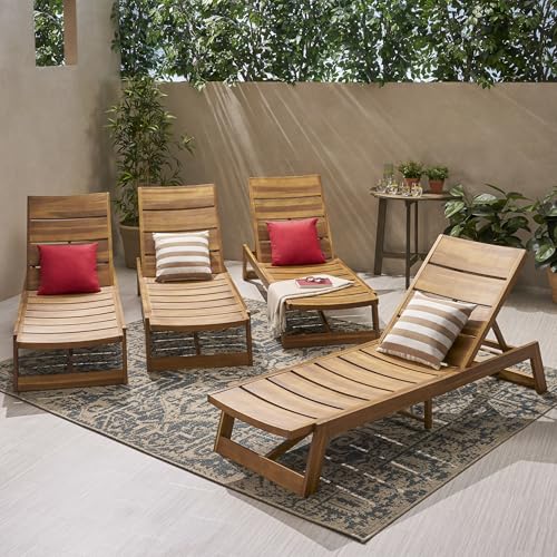 Christopher Knight Home Maki Outdoor Acacia Wood Chaise Lounge Set of 4 Teak Yellow