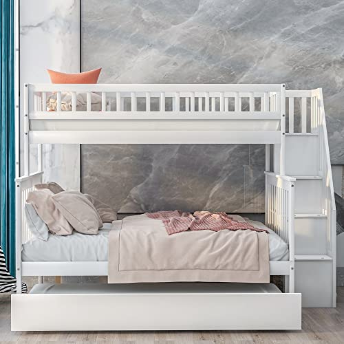 BOVZA Wooden Twin Over Full Bunk Bed with Trundle & Storage Staircase White
