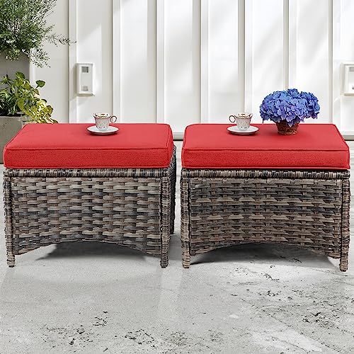 MeetLeisure 8-Piece Wicker Patio Furniture Set with Sofa, Swivel Rocking Chairs, Ottomans, and Side Table Red