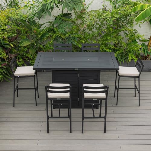 LeisureMod Chelsea Collection Aluminum Outdoor Dining Set with Fire Pit Table and 6 Bar Chairs Beige