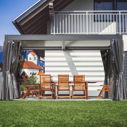 Domi Outdoor Living Louvered Pergola 10x13FT Aluminum Rainproof Backyard with Curtains and Netting Gray