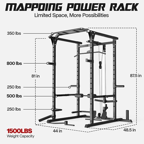 Mappding Power Cage with LAT Pulldown, Multi-Functional Squat Rack Black
