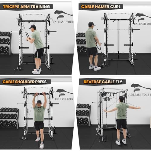 STMHOM Power Cage Smithbar White, 2000 Lbs Power Rack with Cable Crossover System, Multi-Functional Squat Rack with LAT Pulldown for Home Gym