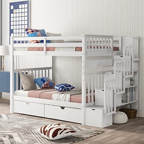 Harper & Bright Designs Full Over Full Bunk Bed with Storage Drawers and Stairway Shelves White