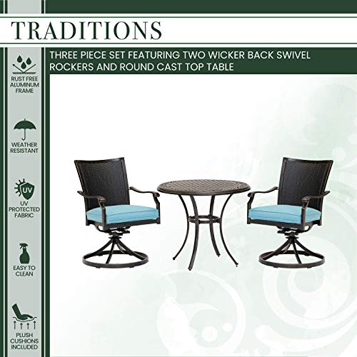 Hanover Traditions 3-Piece Patio Bistro Set with Cushioned Wicker Back Rocker Chairs and Round Table Blue