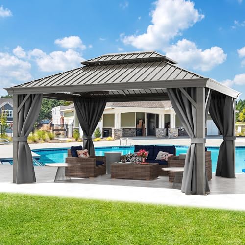 DWVO 12x16ft Hardtop Gazebo Double Roof with Netting and Curtains Gray
