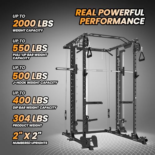 CuisinAid Power Cage with Smithbar 2000 Lbs Power Rack Cable Crossover System Black