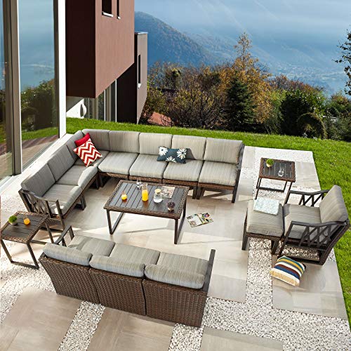 Festival Depot 15Pc Outdoor Patio Conversation Set with Sectional Corner Sofa, Wicker Ottoman, Metal Frame, and Grey Cushions
