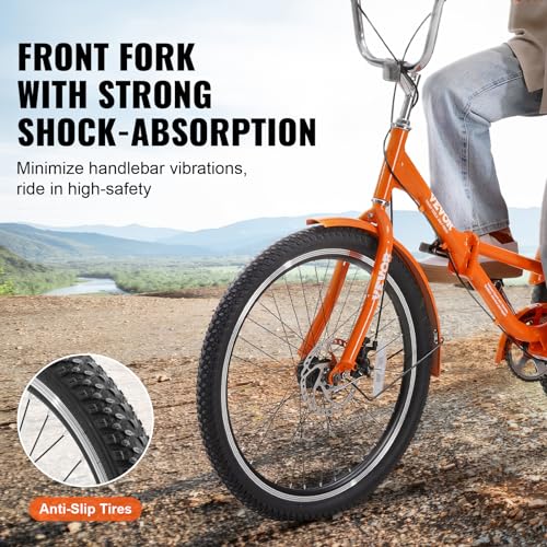 VEVOR Folding Adult Tricycle 26-Inch Lightweight Aluminum Alloy 3 Wheel Cruiser Bike with Large Rear Basket Orange