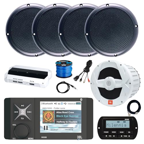 Enrock Marine JBL R4500 Marine Bluetooth Radio Receiver with 4-Channel Amplifier and Speakers White