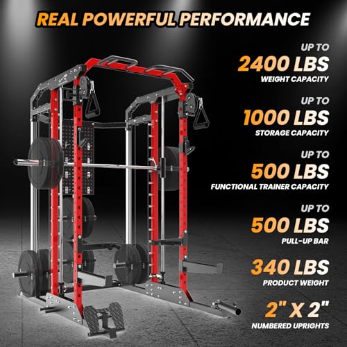 GarveeLife Power Cage Smith Machine Multi-Functional Rack with Lat Pulldown Red