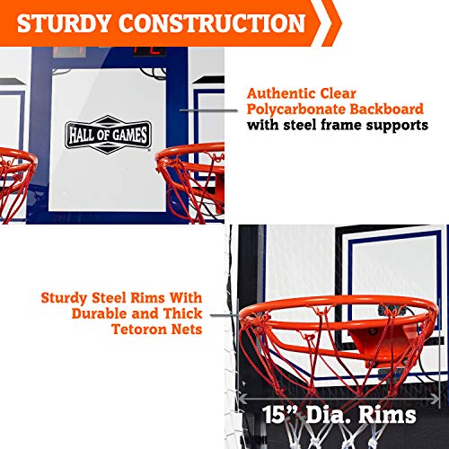 Hall of Games Indoor Arcade Basketball Games Multiple Styles 2-Player Arcade Scoring Display with Rubber Basketball Set 88" Tall Steel Cage Extra Wide Game (W/Poly Backboard)
